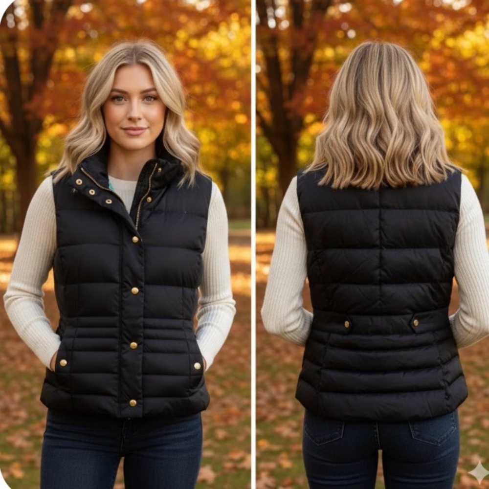 Lilly Pulitzer Kate Black Puffer Down Filled Tropical Lined Gold Accents Vest XL